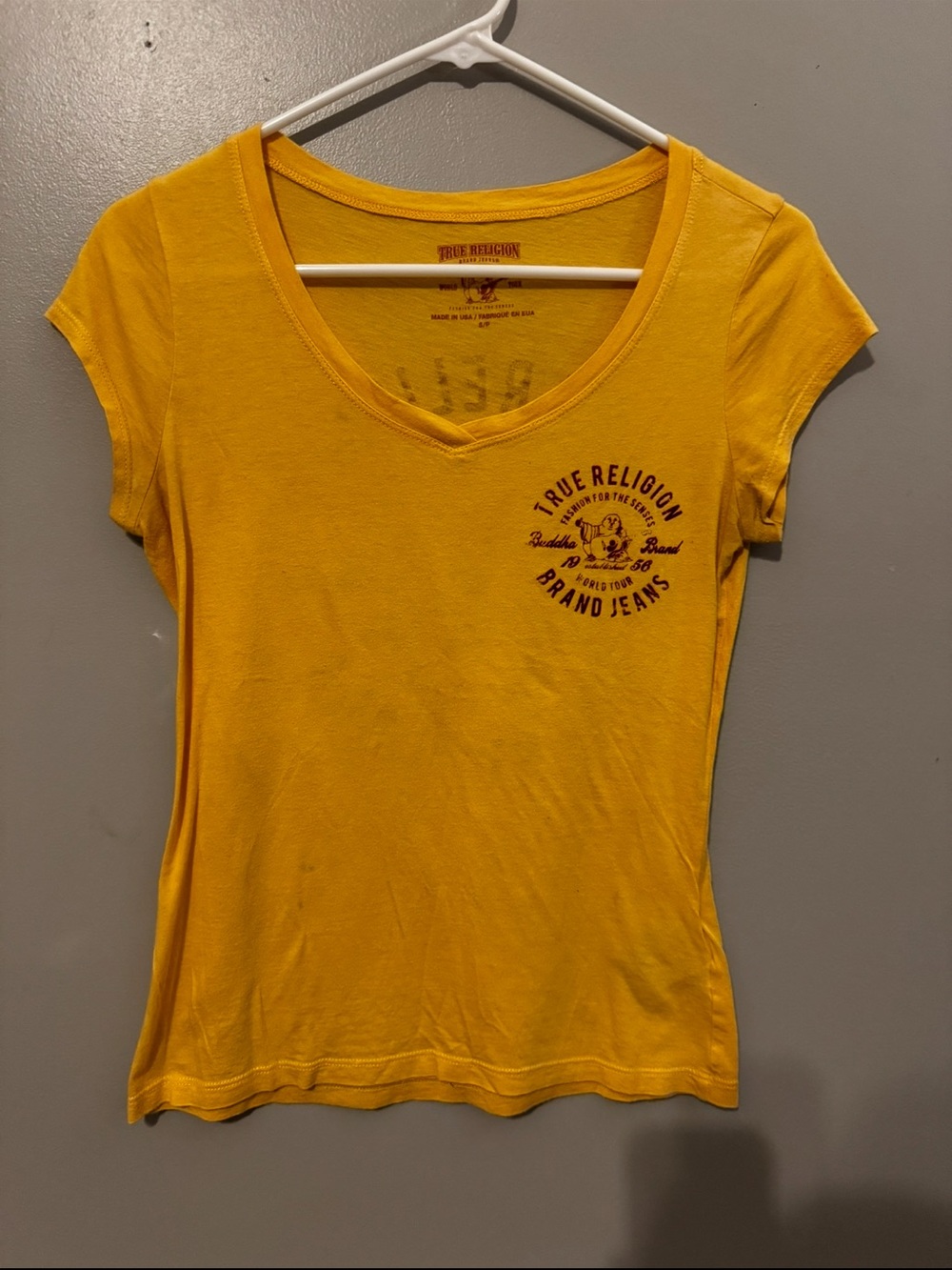 True Religion Yellow Women's V-Neck Logo Tee